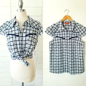 Modcloth Zebra Print Plaid Blue Short Sleeve Button up Country Western Top NWT